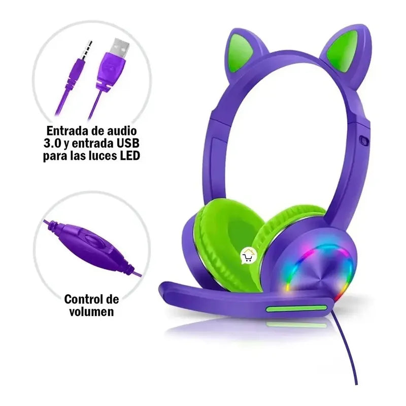 Audifonos Gato Para Niños En Diadema Y Con Microfono Color Violeta Luz Multicolor