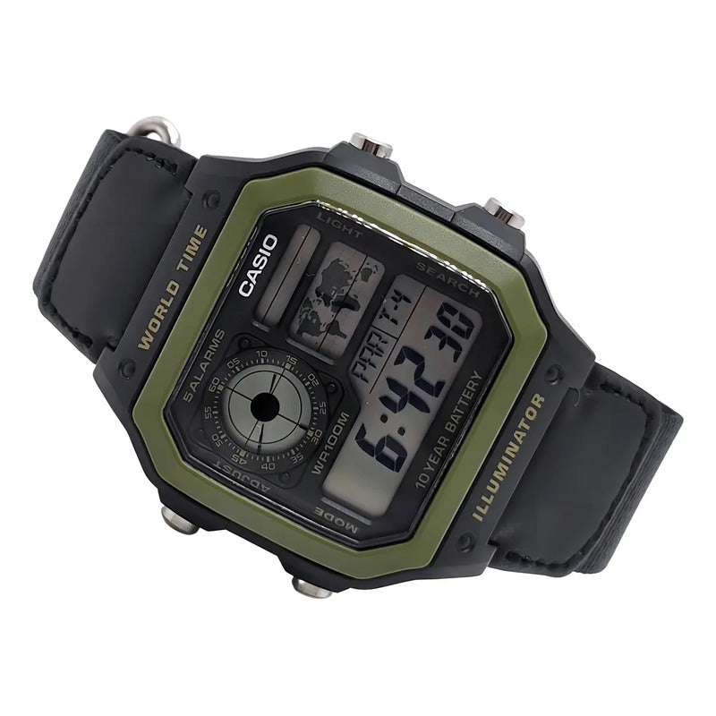 Reloj Pulsera Digital Casio Ae-1200whb-1b Con Correa De Tela Color Negro - Bisel Verde