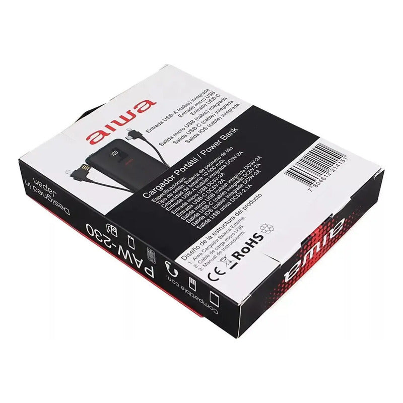 Cargador Portátil Aiwa 10.000 Usb 4 En 1 Universal   Negro Negro
