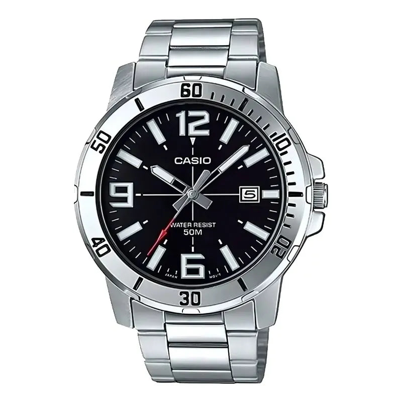 Reloj Casio Hombre Mtp-vd01d, 50m, Fechador, Correa Plateado Bisel Plateado Fondo Negro