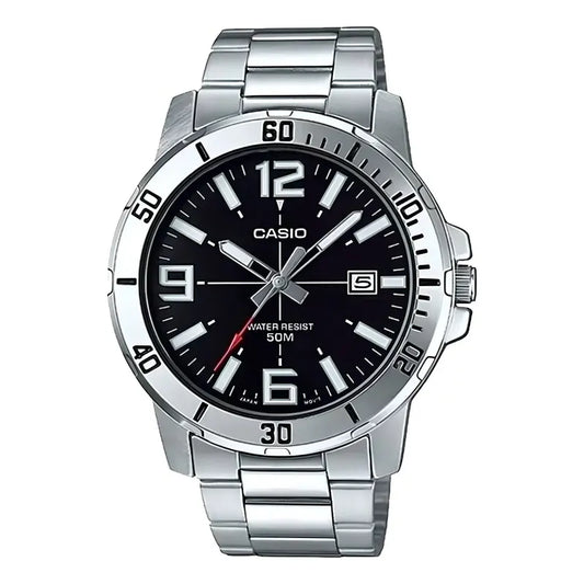 Reloj Casio Hombre Mtp-vd01d, 50m, Fechador, Correa Plateado Bisel Plateado Fondo Negro