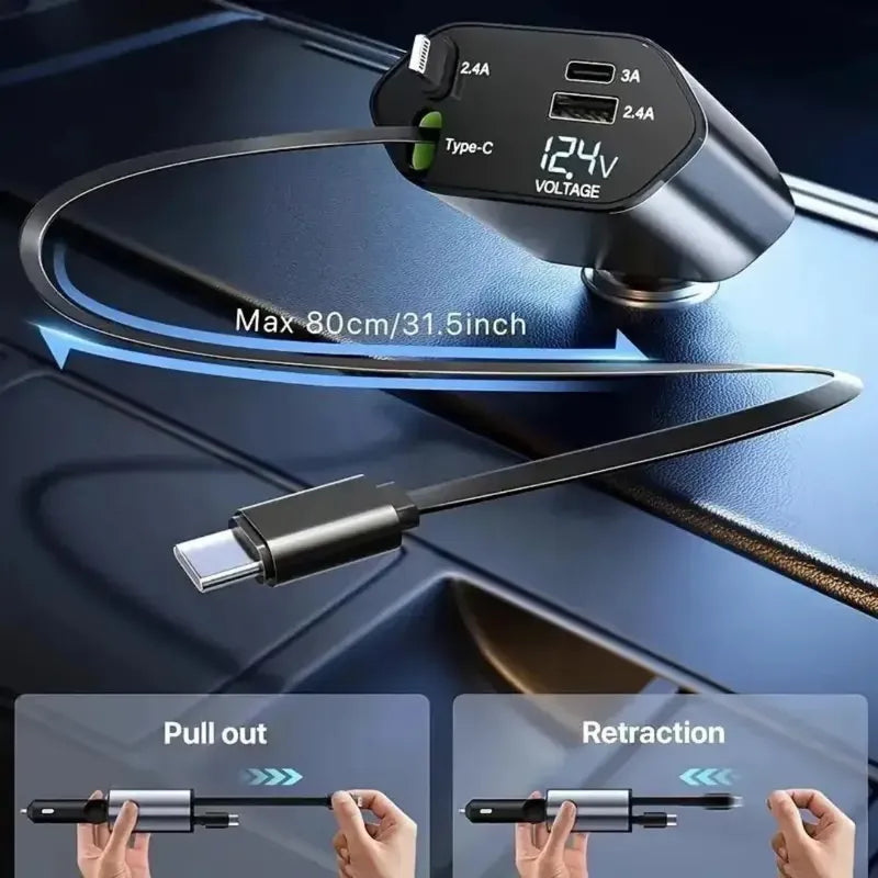 Cargador Para Automóvil Carga Rápida Cables Retráctiles Negro