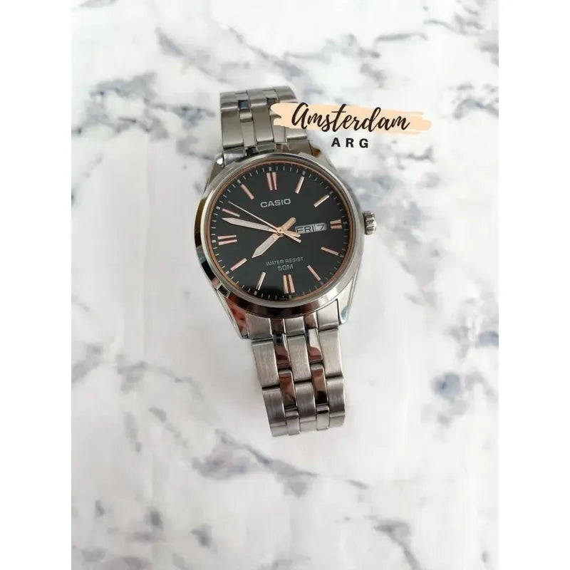 Reloj Casio Mtp-1335d De Acero Inoxidable Para Hombre Con Fondo Negro Y Rosé Plateado Negro Con Rosé