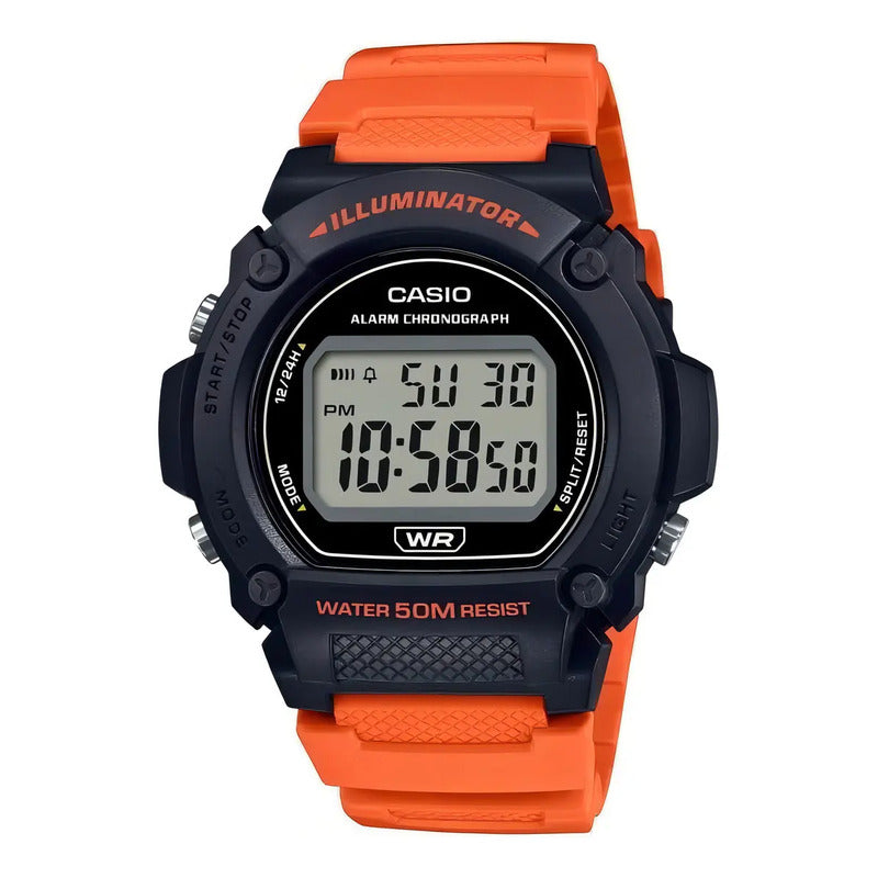 Reloj Casio W-219h-4a Naranja Wr 50m Cronometro Alarma Sumergible Negro