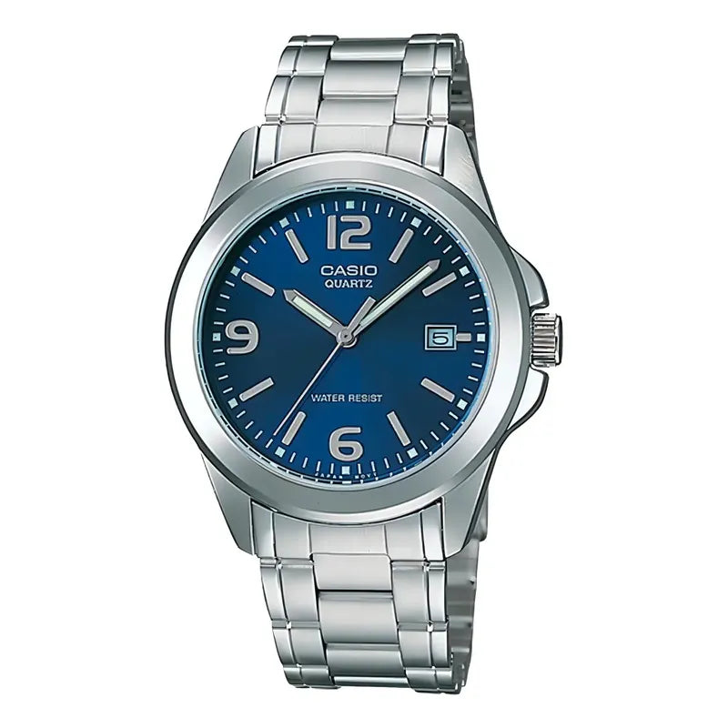 Reloj Pulsera Casio Mtp-1215 Con Correa De Acero Inoxidable Color Plateado - Fondo Azul