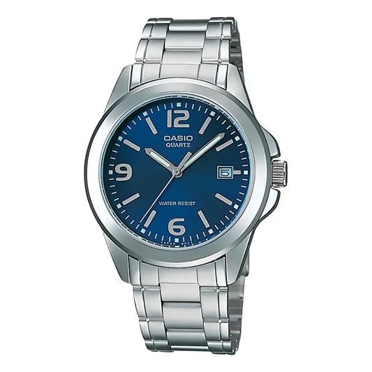 Reloj Pulsera Casio Mtp-1215 Con Correa De Acero Inoxidable Color Plateado - Fondo Azul
