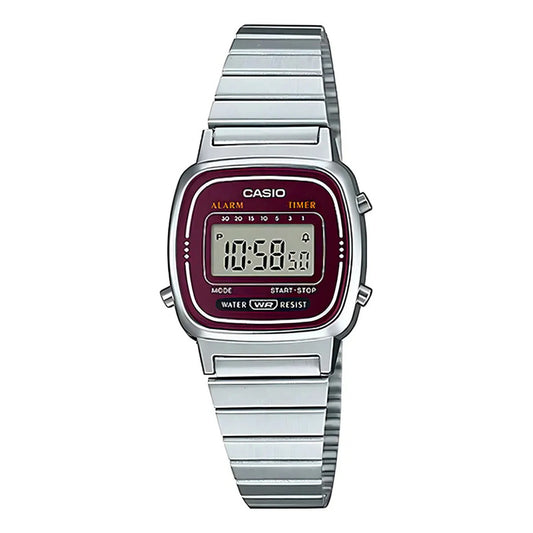 Reloj Casio Dama Vintage Burdeo La670wa-4d Correa Plateado Bisel Bordó Fondo Blanco