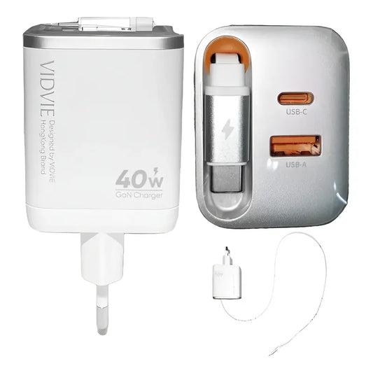 Cargador Telf 40w Carga Rapida Cable Retractil  + 2 Puertos Blanco