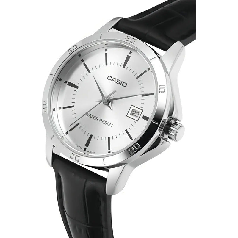 Reloj Pulsera Casio Mtp-v004l-7a Con Correa De Cuero Color Negro - Fondo Blanco - Bisel Plata