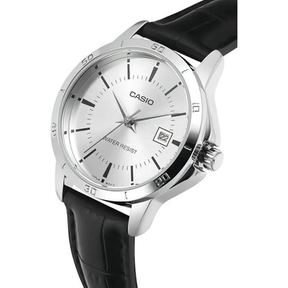 Reloj Pulsera Casio Mtp-v004l-7a Con Correa De Cuero Color Negro - Fondo Blanco - Bisel Plata