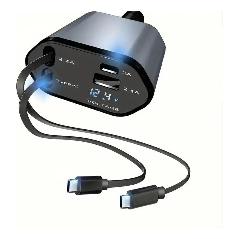 Cargador Para Automóvil Carga Rápida Cables Retráctiles Negro