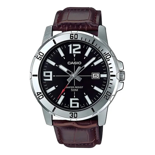 Reloj Pulsera Casio Mtp-vd01l-1bvdf Con Correa De Cuero Color Marrón - Fondo Negro - Bisel Plateado