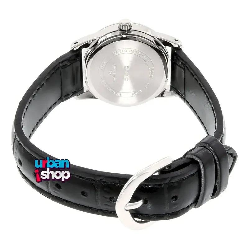 Reloj Casio Dama Ltp-v001l-1b, Caja De Acero,correa De Cuero Negro Plateado Negro Con Números