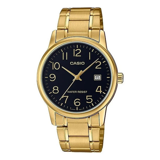 Reloj Pulsera Casio Mtp-v002g-1b Con Correa De Acero Inoxidable Color Dorado - Fondo Negro