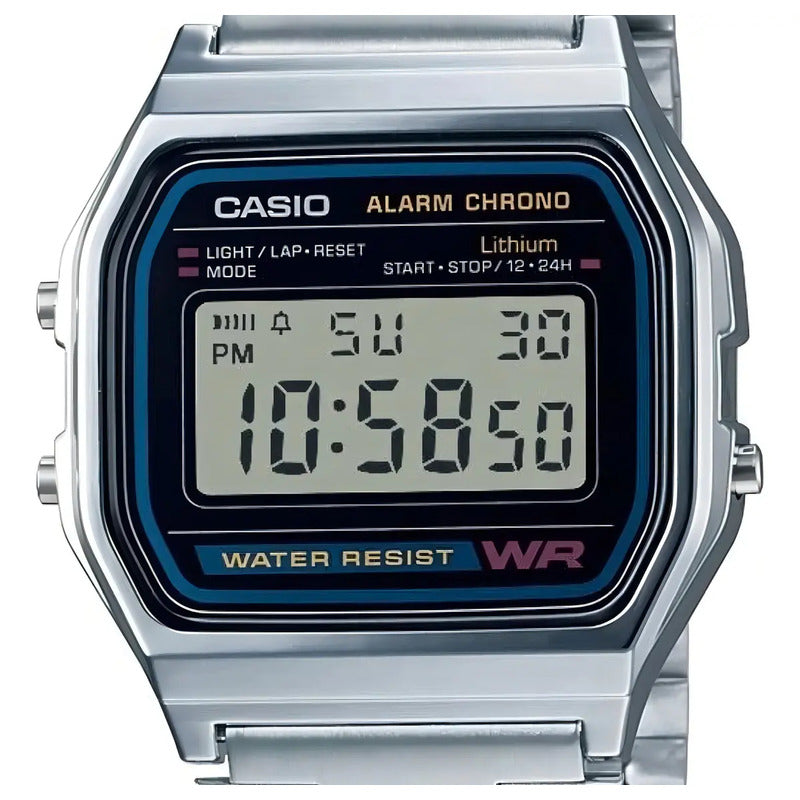 Reloj Retro Casio A158wa-1 Relojesymas Correa Plateado Bisel Plateado Fondo Gris