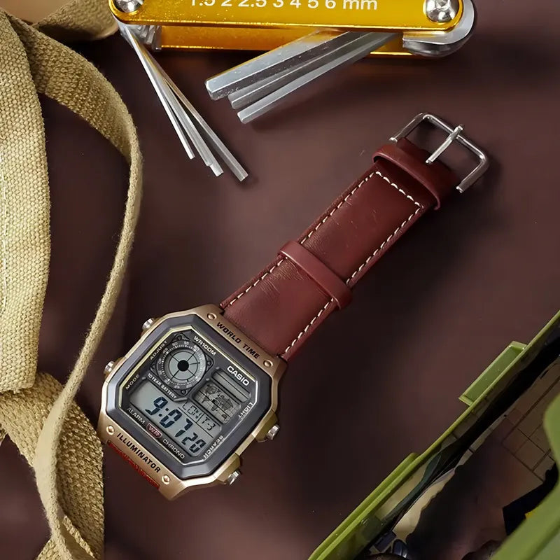 Casio Reloj Hombre Sumergible Ae-1200whl-5 Malla Cuero Marrón Dorado Oscuro Gris
