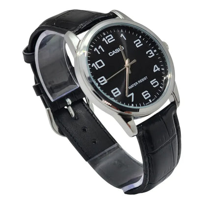 Reloj Pulsera Casio Mtp-v001l-1bu Con Correa De Cuero Color Negro - Bisel Plateado