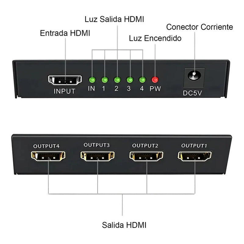 Splitter Hdmi 1x4 Full Hd 4k - Clona Pantallas Uhd Negro