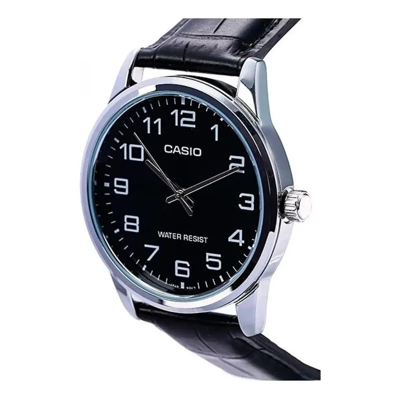 Reloj Pulsera Casio Mtp-v001l-1bu Con Correa De Cuero Color Negro - Bisel Plateado