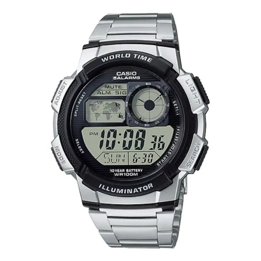 Reloj Pulsera Digital Casio Ae-1000wd-1avdf Con Correa De Acero Inoxidable Color Plateado - Fondo Negro