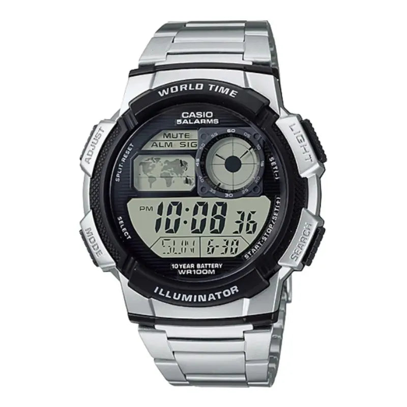 Reloj Pulsera Digital Casio Ae-1000wd-1avdf Con Correa De Acero Inoxidable Color Plateado - Fondo Negro