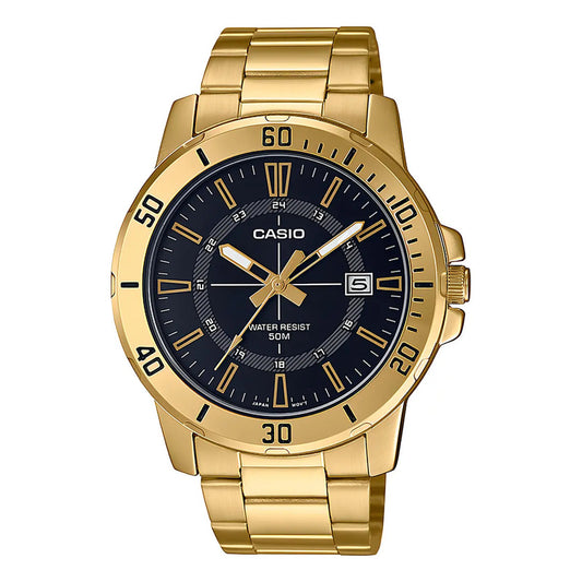 Reloj Pulsera Casio Mtp-vd01g-1cvudf Con Correa De Acero Inoxidable Color Dorado - Fondo Negro
