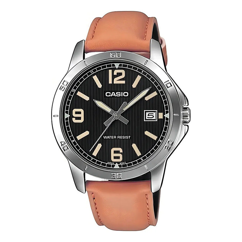 Reloj Pulsera Casio Mtp-v004l-1b2 Con Correa De Cuero Color Marrón - Fondo Negro - Bisel Plata