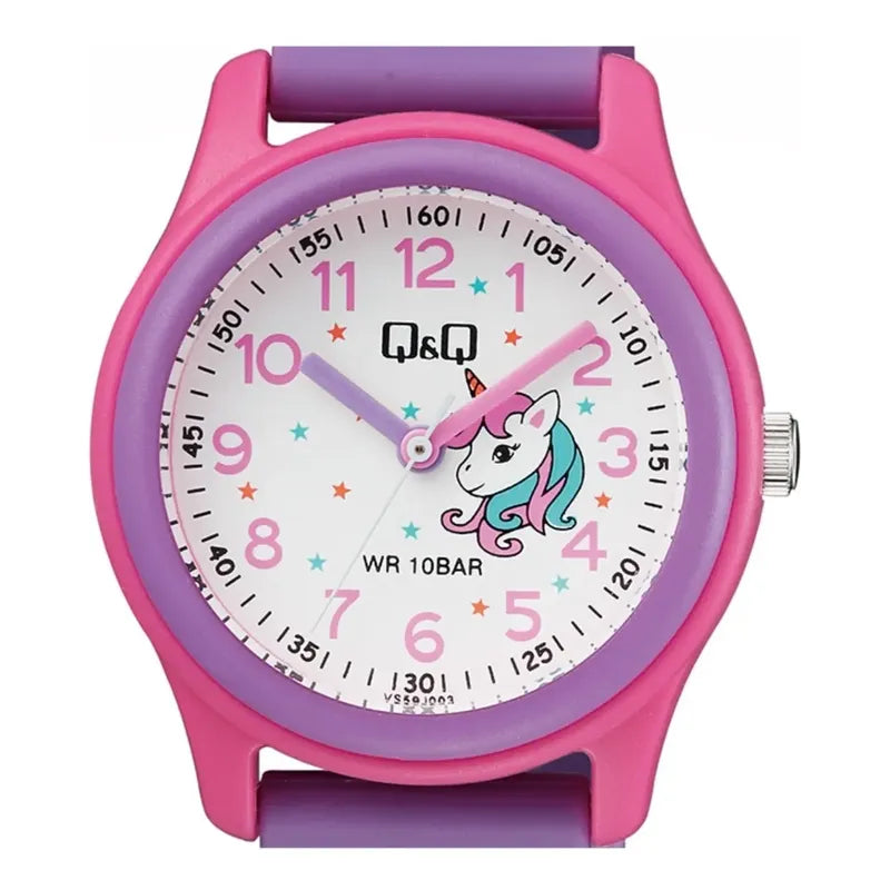 Reloj Q&q Niña Unicornio Números Y Manecillas Morado Rosa Blanco