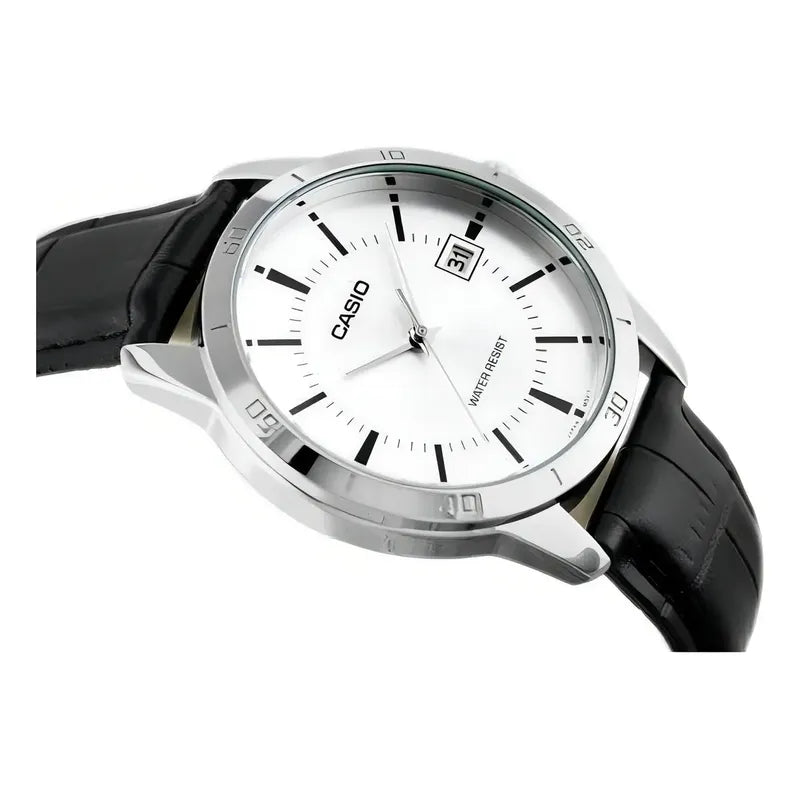 Reloj Pulsera Casio Mtp-v004l-7a Con Correa De Cuero Color Negro - Fondo Blanco - Bisel Plata