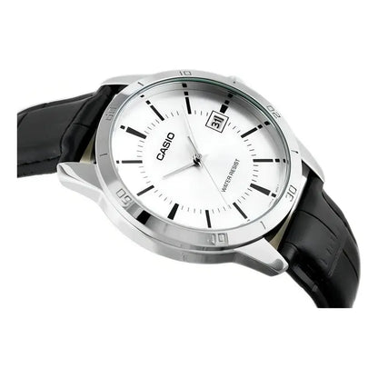 Reloj Pulsera Casio Mtp-v004l-7a Con Correa De Cuero Color Negro - Fondo Blanco - Bisel Plata