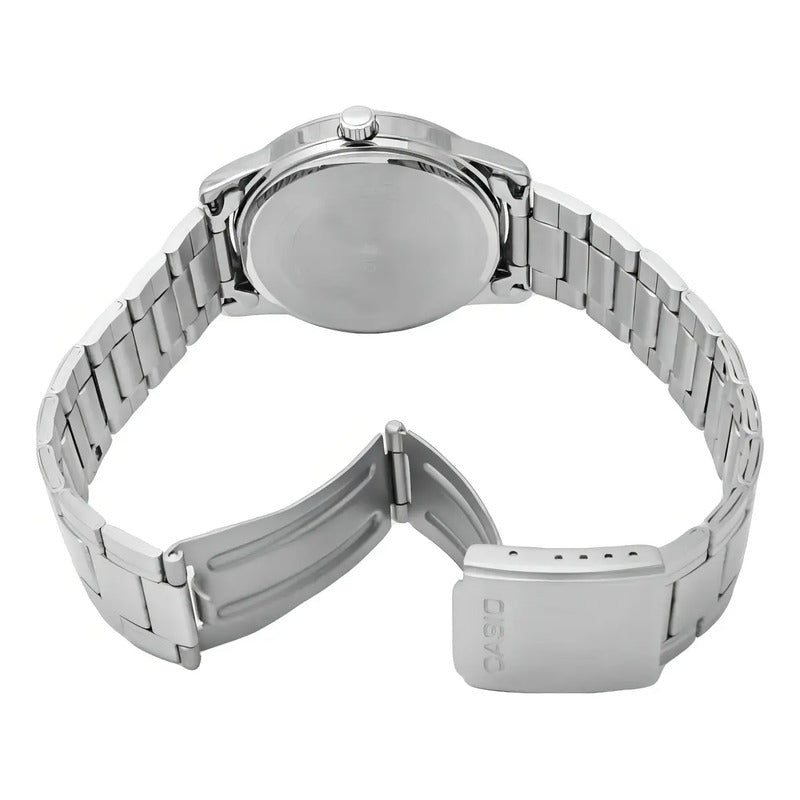 Reloj Pulsera Casio Mtp-v001d-1budf Con Correa De Acero Inoxidable Color Plateado - Fondo Negro