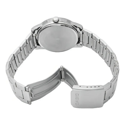 Reloj Pulsera Casio Mtp-v001d-1budf Con Correa De Acero Inoxidable Color Plateado - Fondo Negro