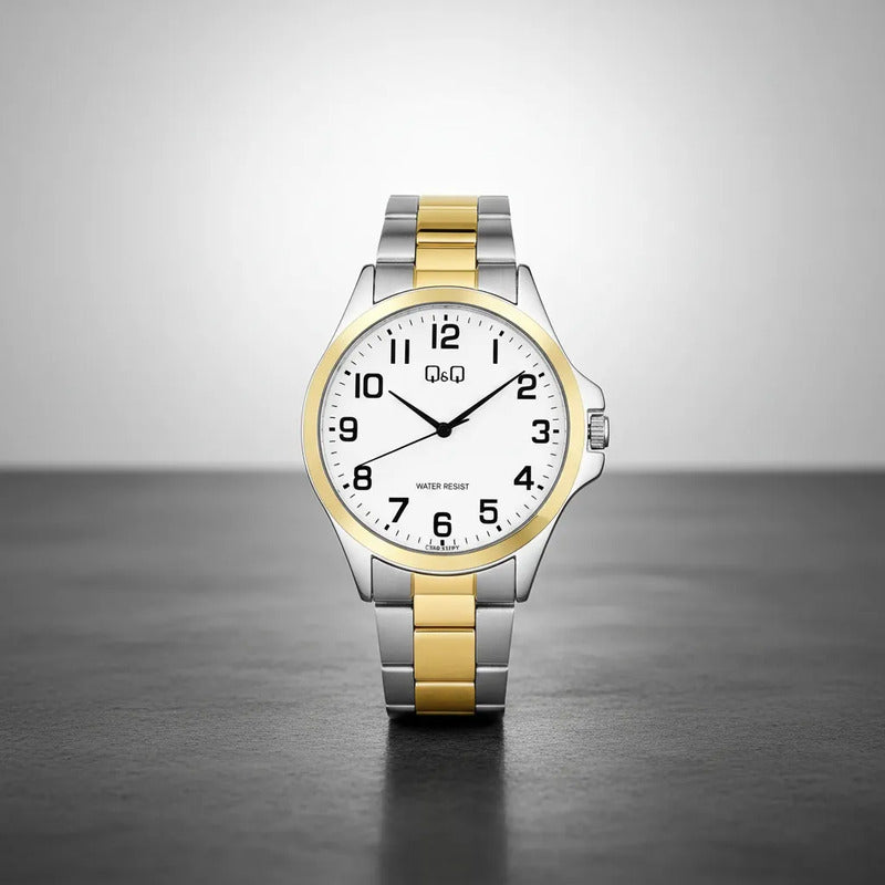 Reloj Qyq Metalico Varon Bi-color Dorado Plata Plateado Dorado Blanco