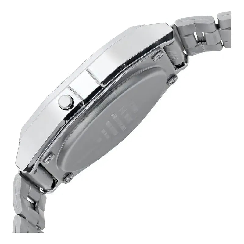 Reloj Retro Casio A158wa-1 Relojesymas Correa Plateado Bisel Plateado Fondo Gris