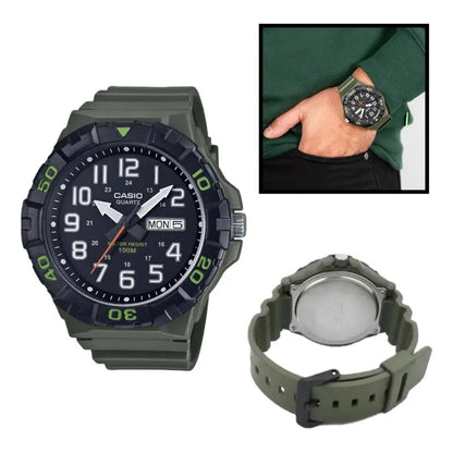 Reloj Casio Analógico Para Hombre Con Correa Verde Y Resistencia Al Agua De 100 M Negro