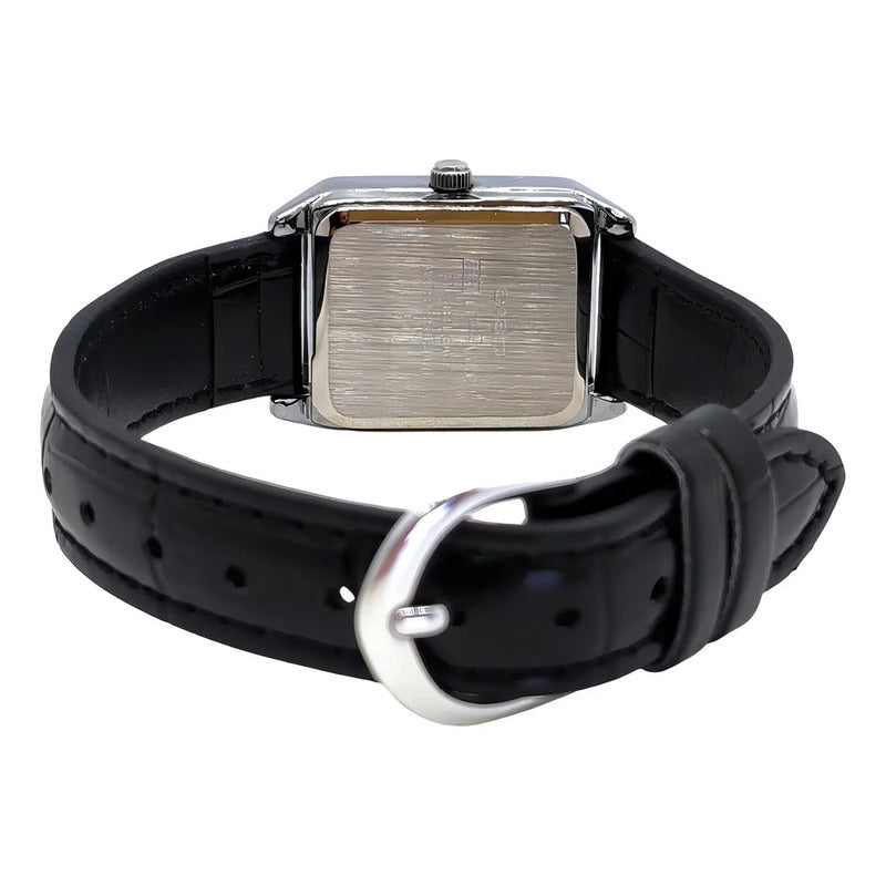 Reloj Casio Dama Correa Piel Genuina Ltp-v007l-1bu Negro Plateado