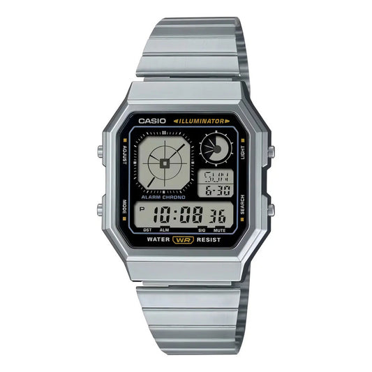 Reloj Pulsera Digital Casio A130we-1a Con Correa De Acero Color Plateado - Fondo Negro