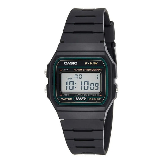 Reloj De Pulsera Casio Collection F-91w-3dg De Cuerpo Color Negro, Digital, Para Hombre, Fondo Gris, Con Correa De Resina Color Negro, Dial Negro, Bisel Color Verde Y Hebilla Sim