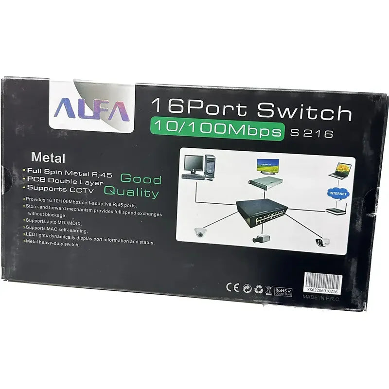 Switch Alfanet De Red 16 Puertos 10/100 Mbps Metal Mod:s216