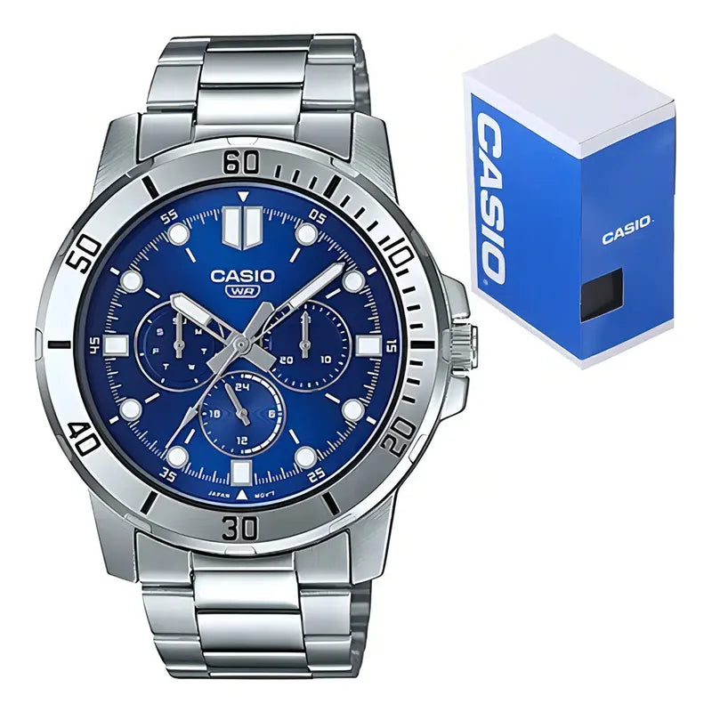 Reloj Casio Mtp-vd300d De Hombre, Con Cronógrafo Y Fondo Azul Plateado