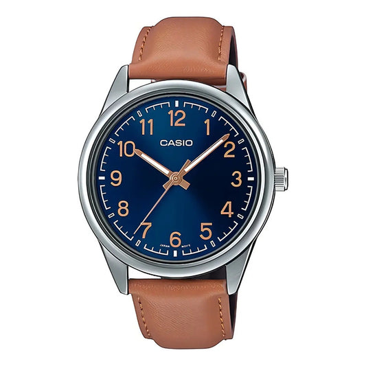 Reloj Pulsera Casio Mtp-v005 Con Correa De Cuero Color Marrón - Fondo Azul - Bisel Plateado