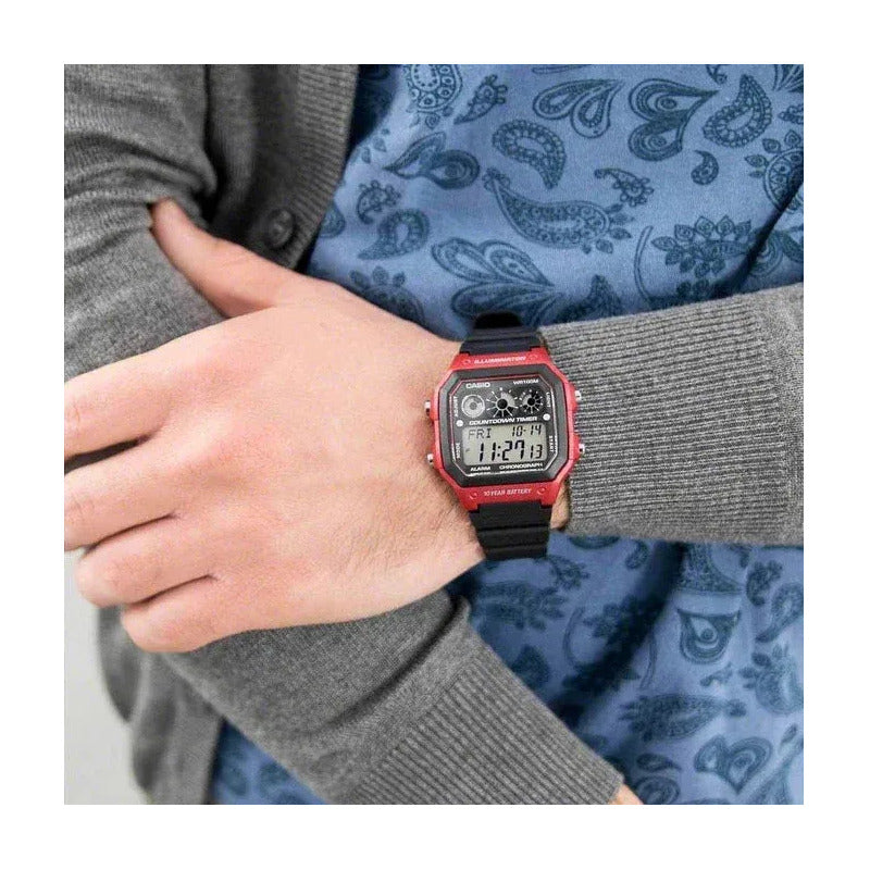 Reloj Pulsera Digital Casio Ae-1300wh-4a Con Correa De Resina Color Negro - Bisel Rojo/negro
