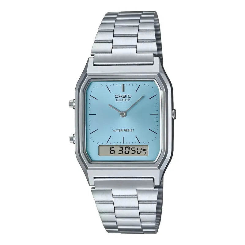 Reloj Casio Vintage Digital De Cuarzo Con Cronógrafo Y Malla De Acero Inoxidable Plateado Celeste