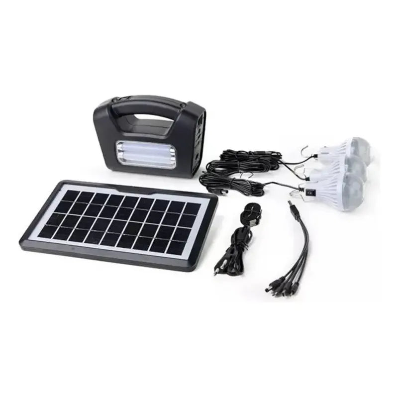 Kit Emergencia Solar Tres Ampolletas + Panel Cargado Celular Negro