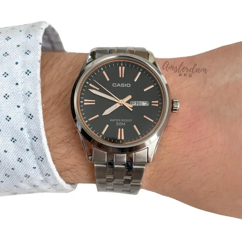 Reloj Casio Mtp-1335d De Acero Inoxidable Para Hombre Con Fondo Negro Y Rosé Plateado Negro Con Rosé
