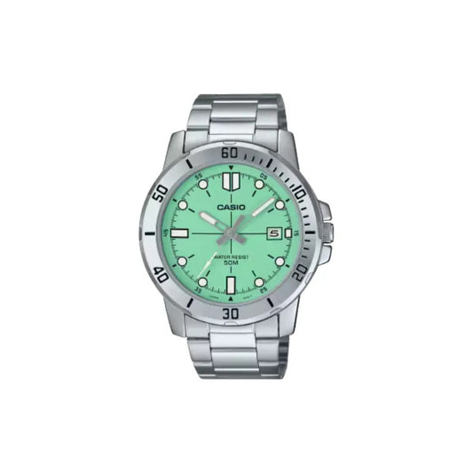 Reloj Casio Mtp-vd01d Colores Acero Inoxidable Correa Plateado Bisel Plateado Fondo Verde Claro