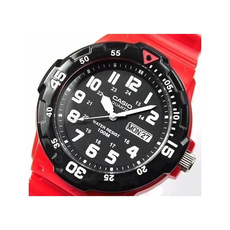 Reloj Hombre Casio Mrw-200hc-4b Análogo Retro / Correa Rojo Bisel Negro Fondo Negro