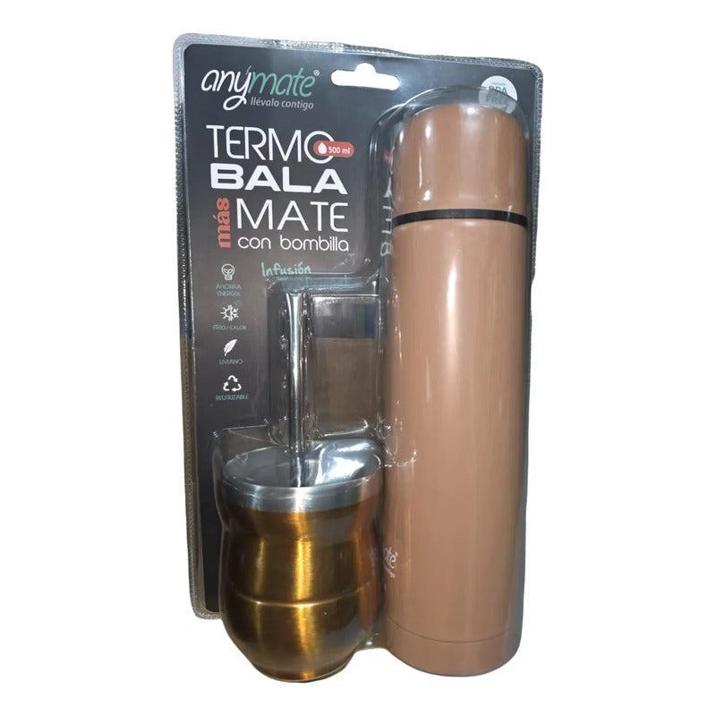 Set De Mate Anymate Termo Bala 500ml + Mate 140ml Marrón