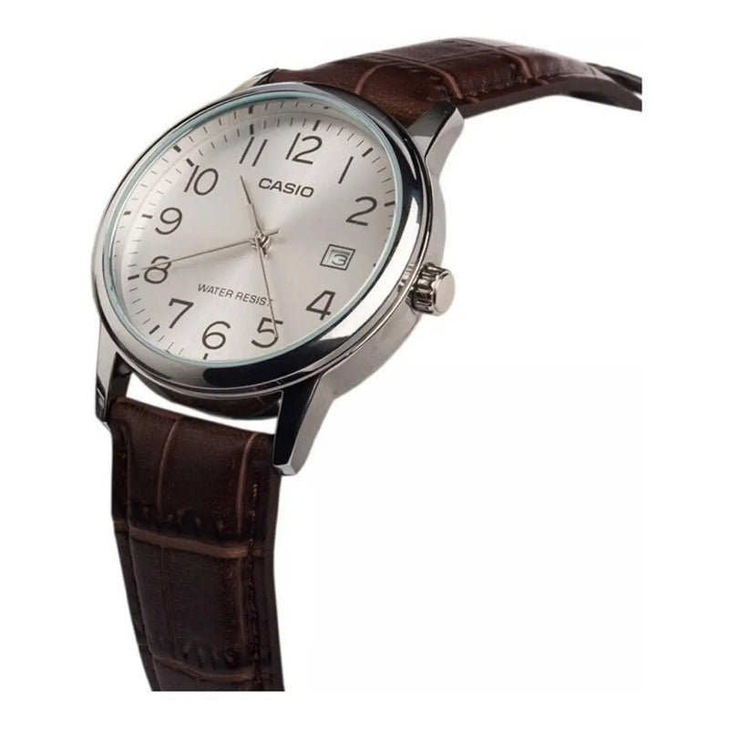 Reloj Pulsera Casio Mtp-v002l-7b2 Con Correa De Cuero Color Marrón - Fondo Plateado