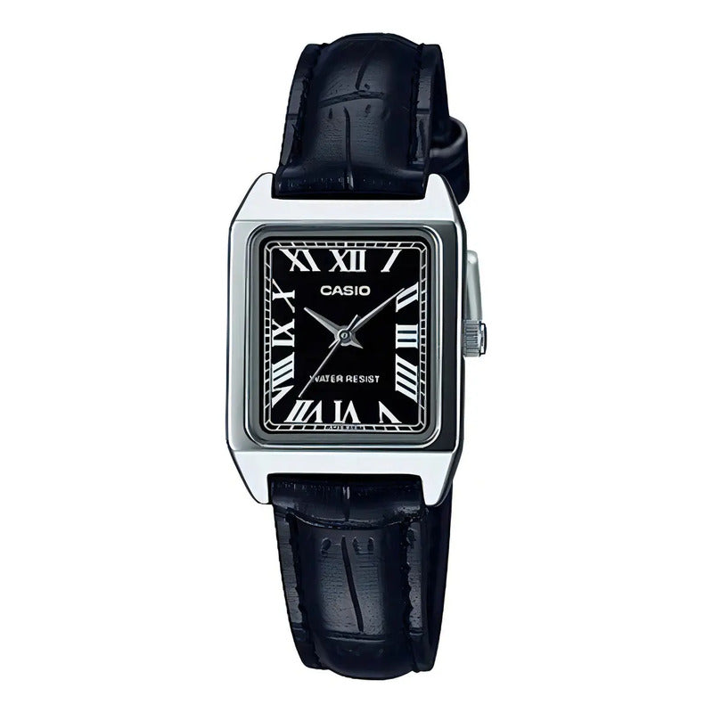 Reloj Casio Dama Correa Piel Genuina Ltp-v007l-1bu Negro Plateado